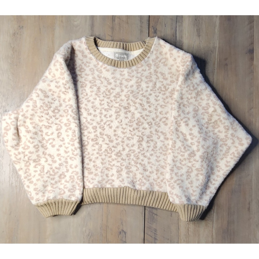 Tractr Leopard Knit Thick Warm Pullover Designer Sweater Cream White/Tan Youth L